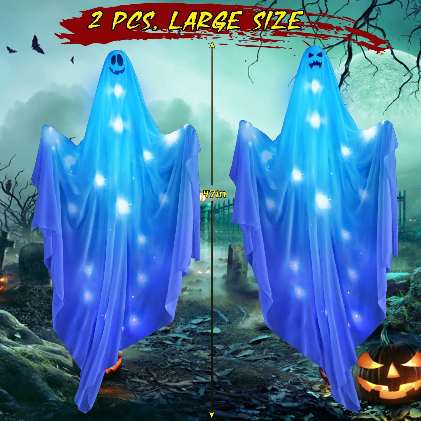 47" Hanging Ghosts with Blue Lights - 2 Pack Halloween Decorations for Indoor and Outdoor Use, Perfect for Yard and Garden Parties