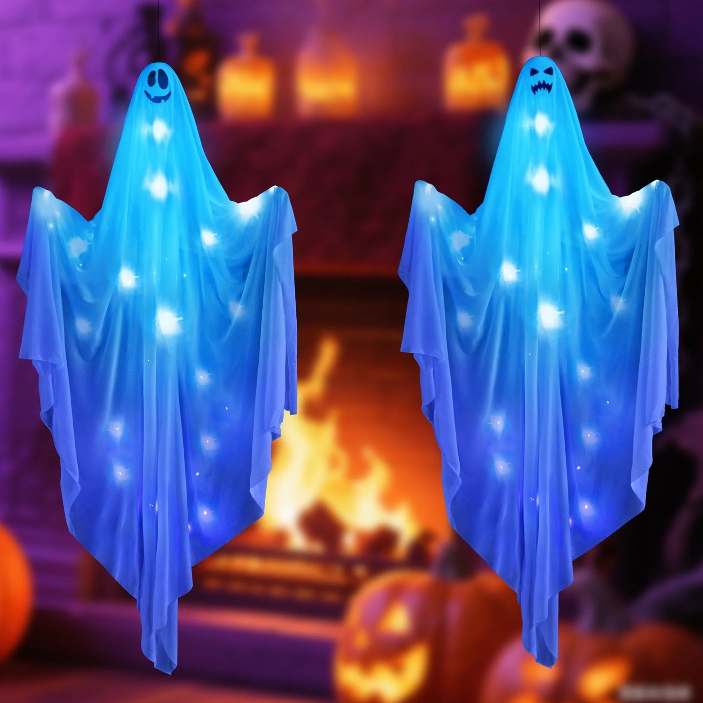 47" Hanging Ghosts with Blue Lights - 2 Pack Halloween Decorations for Indoor and Outdoor Use, Perfect for Yard and Garden Parties