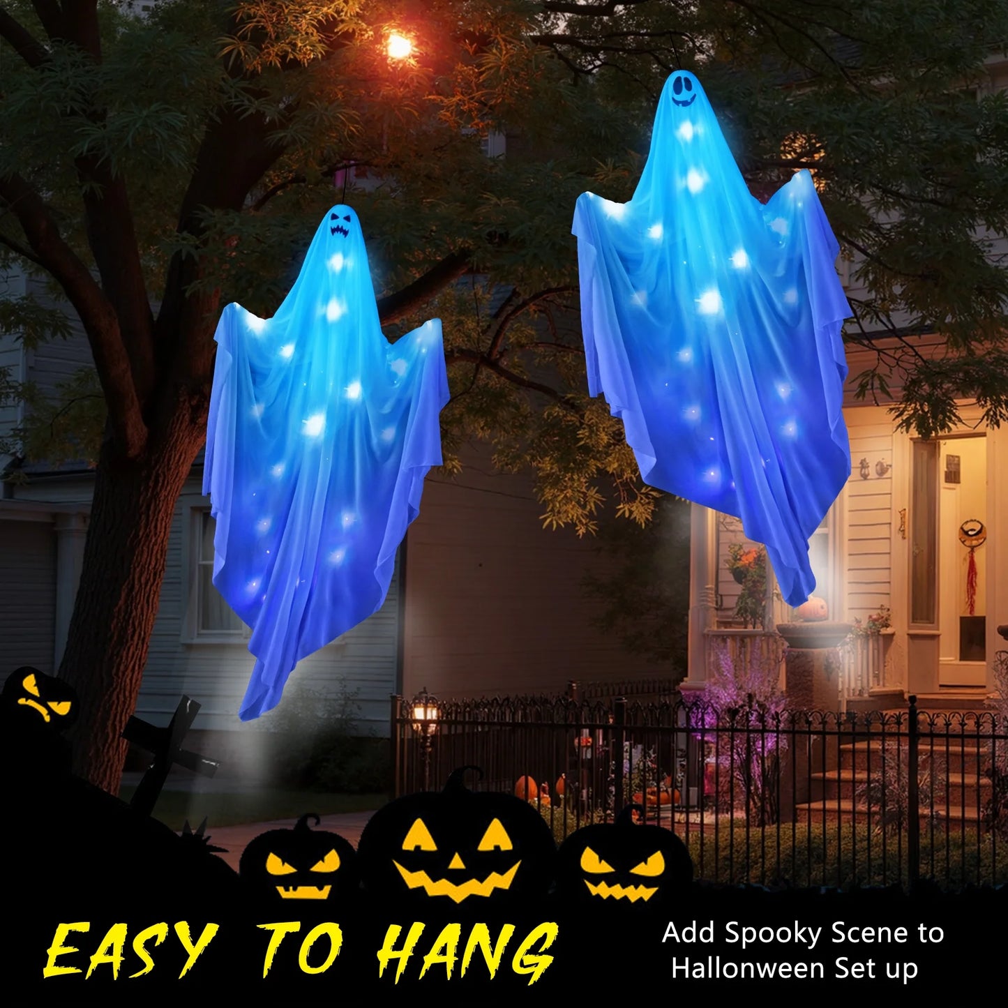47" Hanging Ghosts with Blue Lights - 2 Pack Halloween Decorations for Indoor and Outdoor Use, Perfect for Yard and Garden Parties