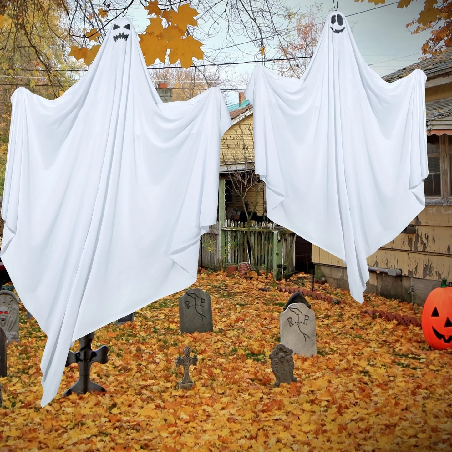 47" Hanging Ghosts with Blue Lights - 2 Pack Halloween Decorations for Indoor and Outdoor Use, Perfect for Yard and Garden Parties
