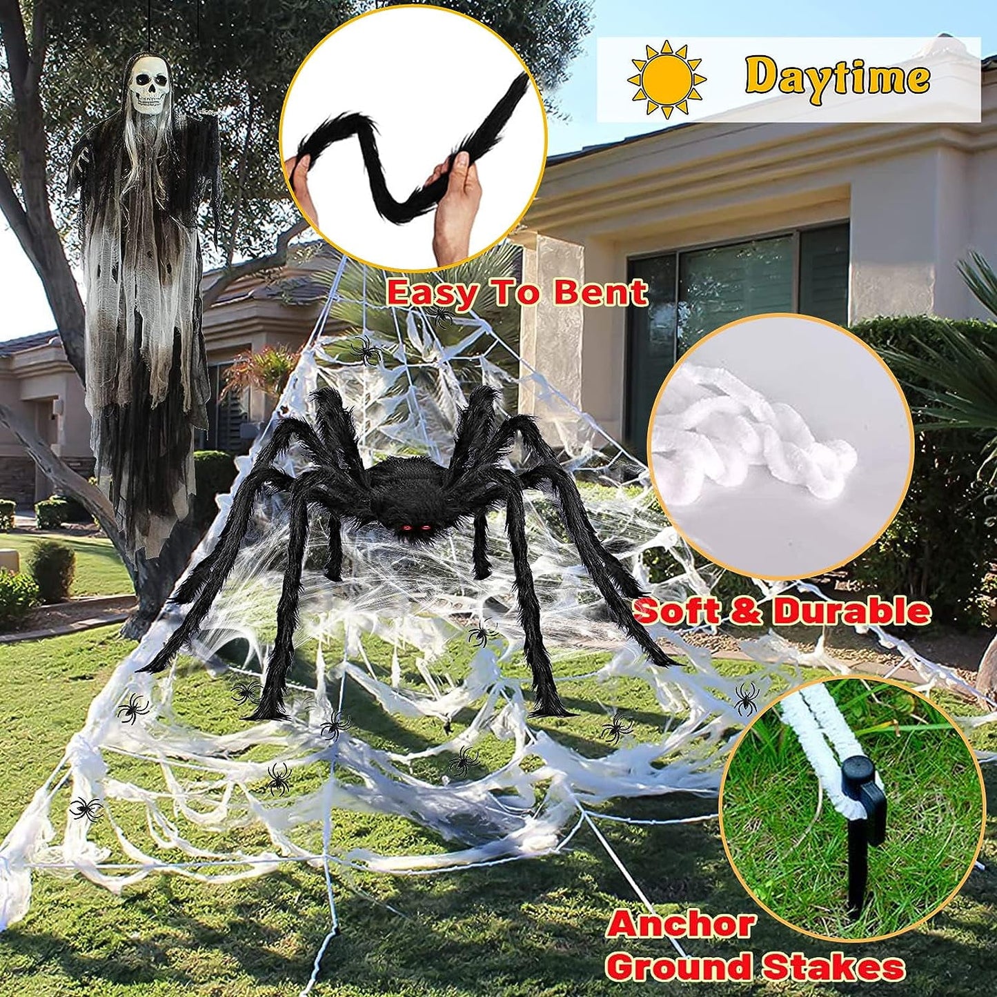 Halloween Decorations Outdoor, 200 LED Halloween Spider Web with 79" Giant Plastics Spider for Halloween Yard Decorations