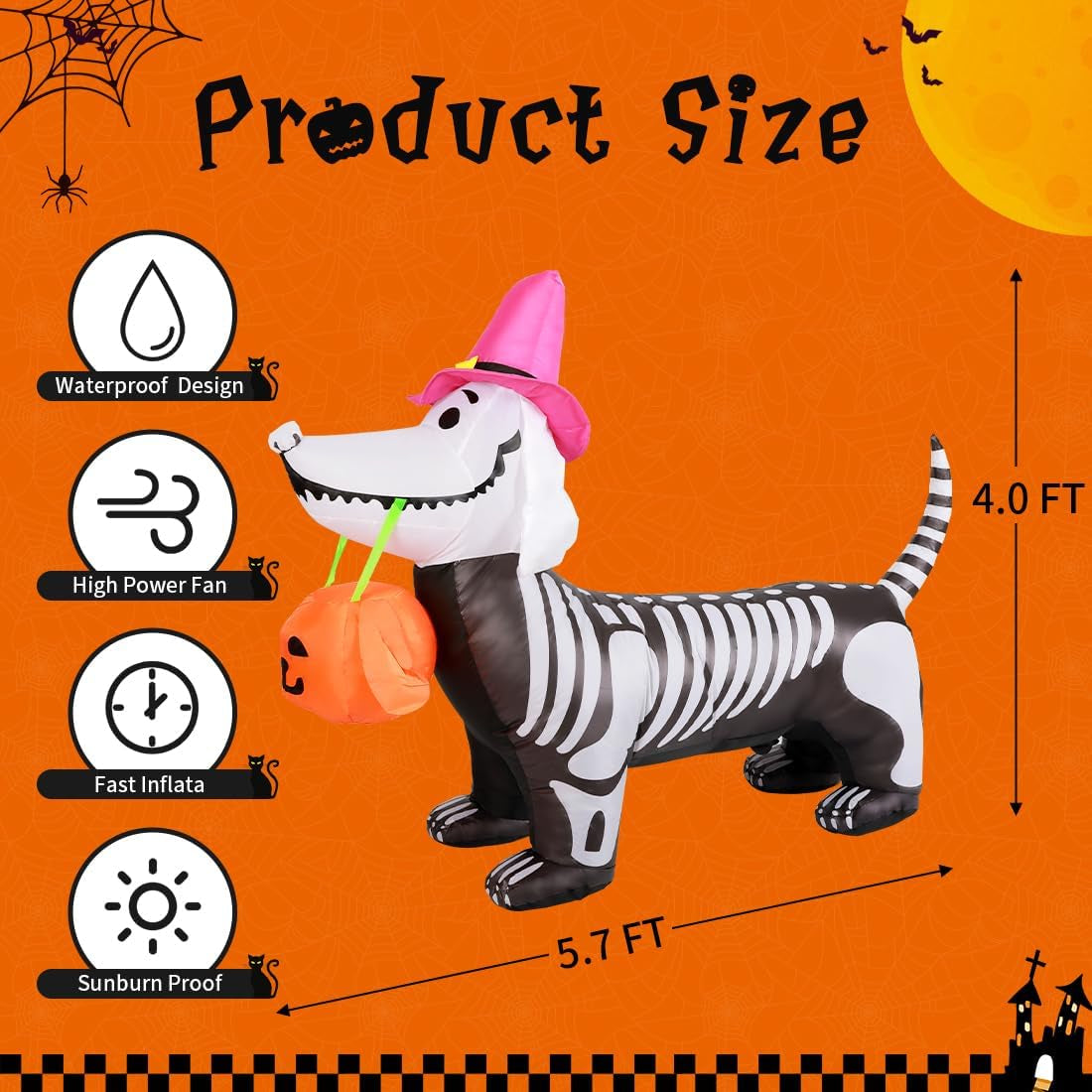 5.7 FT Inflatable Halloween Skeleton Dog with Built-In LEDs - Outdoor Halloween Decorations for Holiday Celebrations