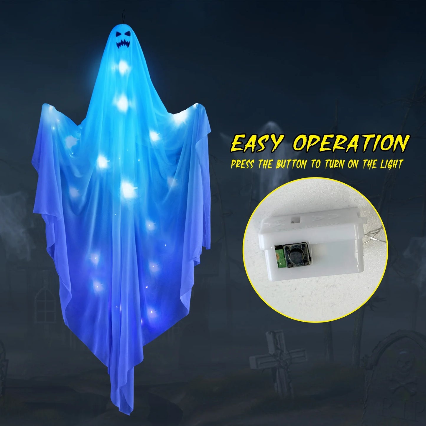 47" Hanging Ghosts with Blue Lights - 2 Pack Halloween Decorations for Indoor and Outdoor Use, Perfect for Yard and Garden Parties