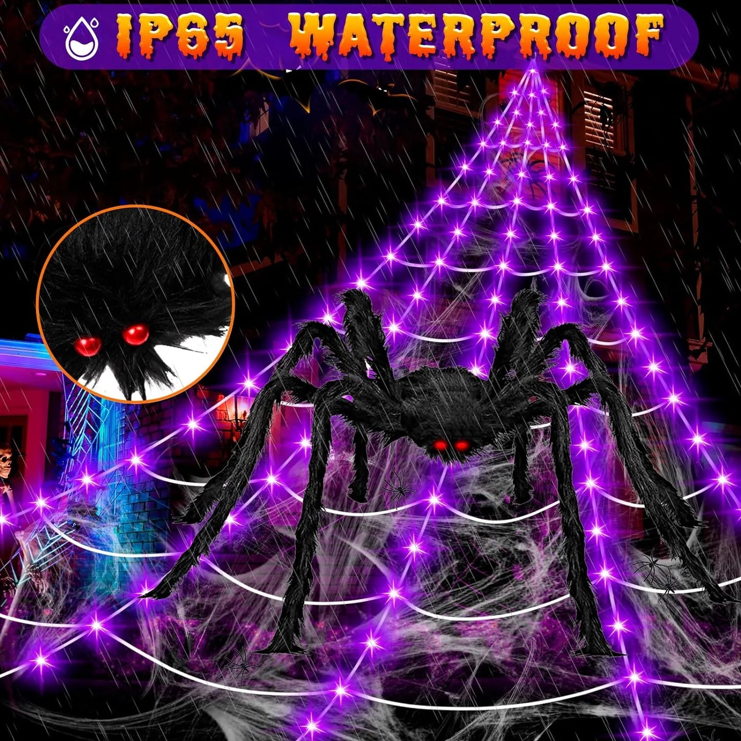 Halloween Decorations Outdoor, 200 LED Halloween Spider Web with 79" Giant Plastics Spider for Halloween Yard Decorations