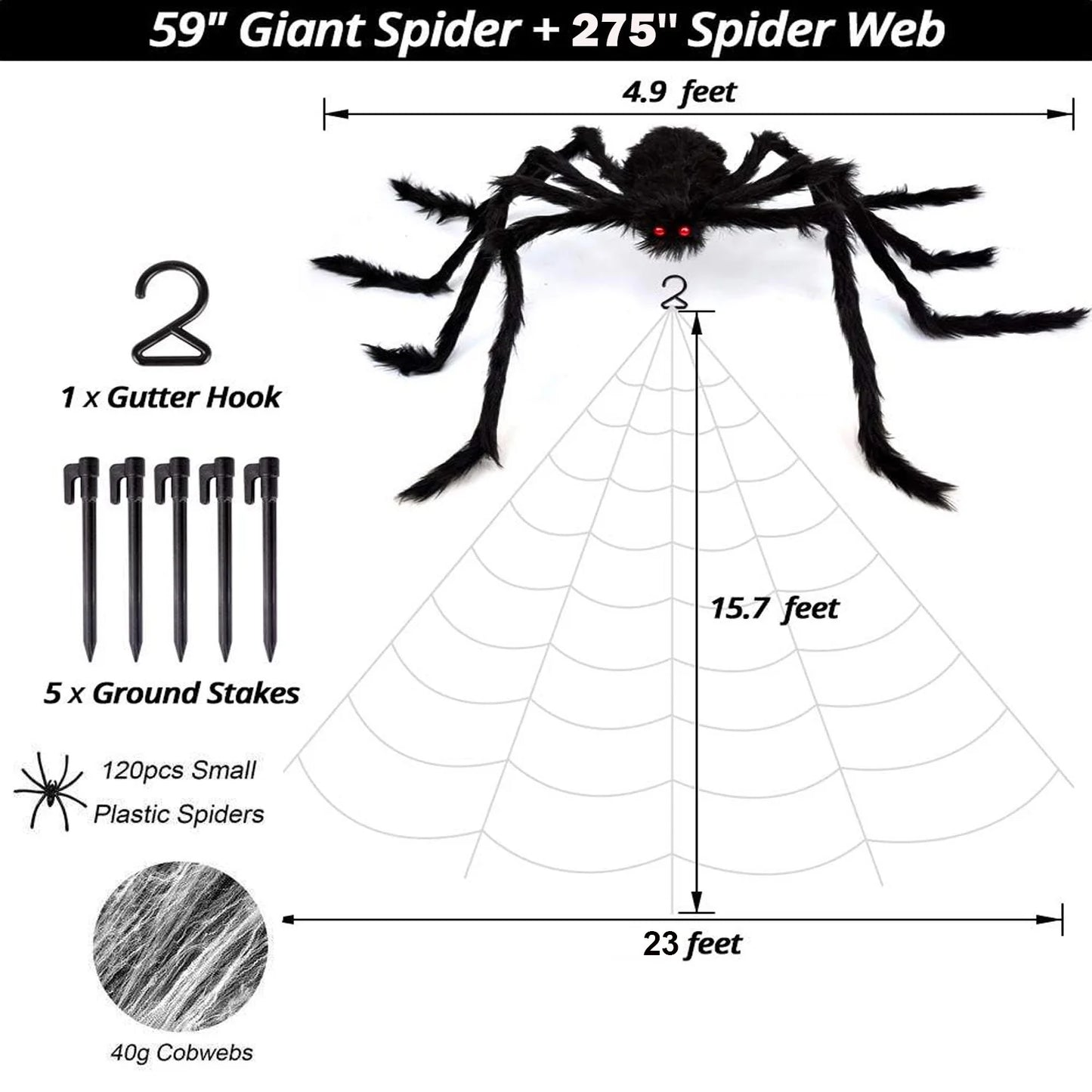 Halloween Decorations - 275" Halloween Spider Web Decorations Outdoor + 59" Giant Fake Spider with Triangular Huge Spiders Web - Scary Decor Clearance for Yard, Patio, Garden, Haunted House Décor