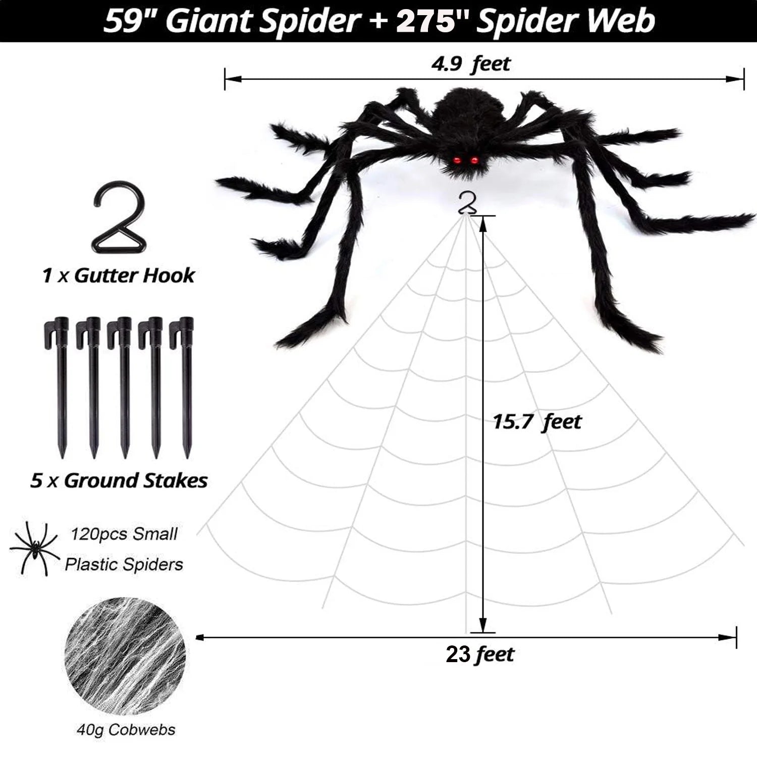Halloween Decorations - 275" Halloween Spider Web Decorations Outdoor + 59" Giant Fake Spider with Triangular Huge Spiders Web - Scary Decor Clearance for Yard, Patio, Garden, Haunted House Décor