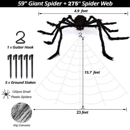 Halloween Decorations - 275" Halloween Spider Web Decorations Outdoor + 59" Giant Fake Spider with Triangular Huge Spiders Web - Scary Decor Clearance for Yard, Patio, Garden, Haunted House Décor