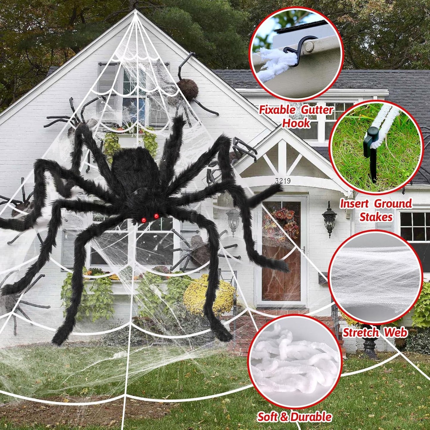 Halloween Decorations - 275" Halloween Spider Web Decorations Outdoor + 59" Giant Fake Spider with Triangular Huge Spiders Web - Scary Decor Clearance for Yard, Patio, Garden, Haunted House Décor