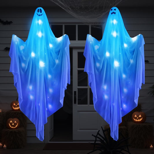 47" Hanging Ghosts with Blue Lights - 2 Pack Halloween Decorations for Indoor and Outdoor Use, Perfect for Yard and Garden Parties