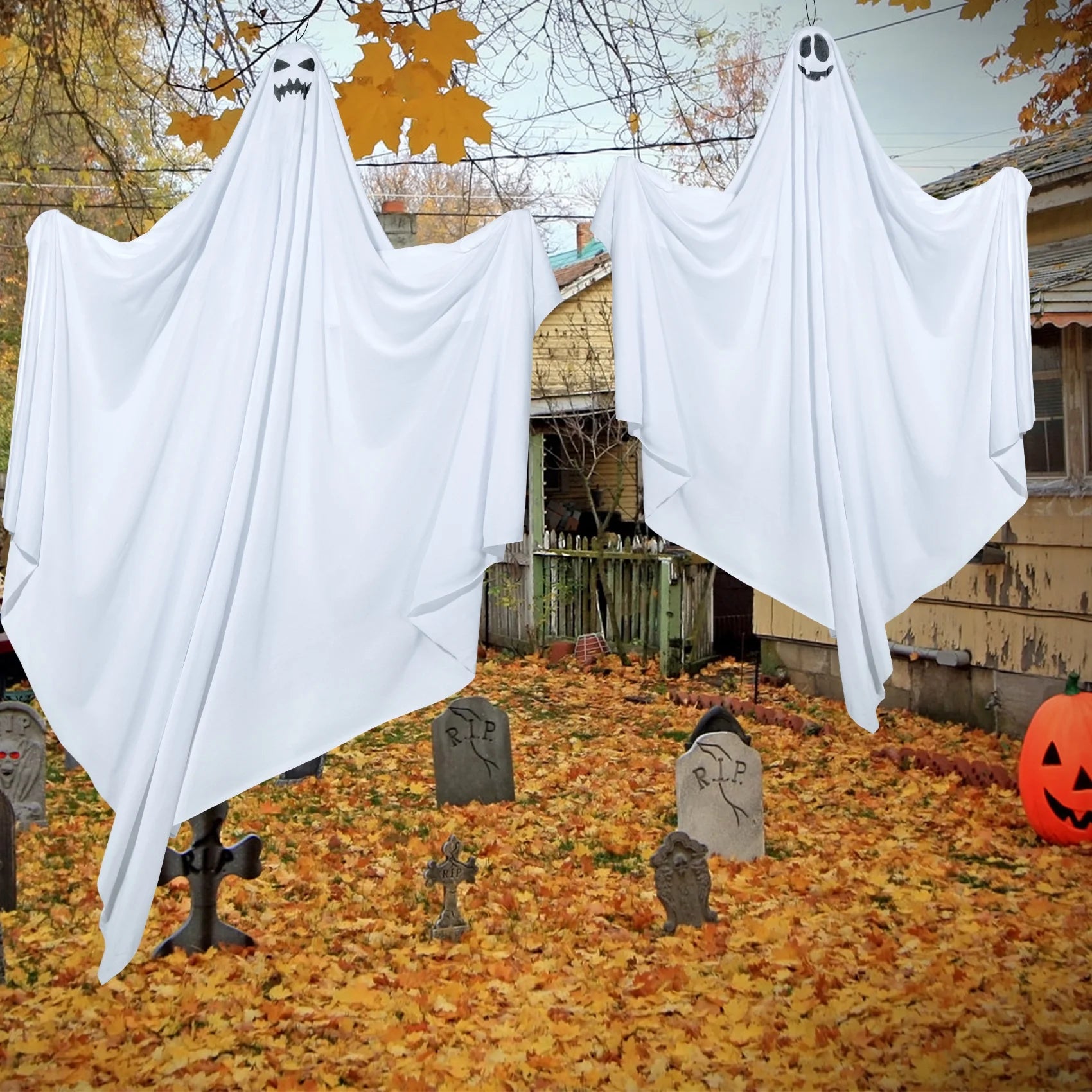 47" Hanging Ghosts with Blue Lights - 2 Pack Halloween Decorations for Indoor and Outdoor Use, Perfect for Yard and Garden Parties