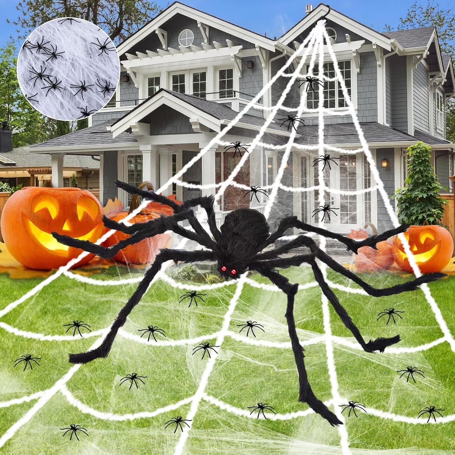 Halloween Decorations - 275" Halloween Spider Web Decorations Outdoor + 59" Giant Fake Spider with Triangular Huge Spiders Web - Scary Decor Clearance for Yard, Patio, Garden, Haunted House Décor
