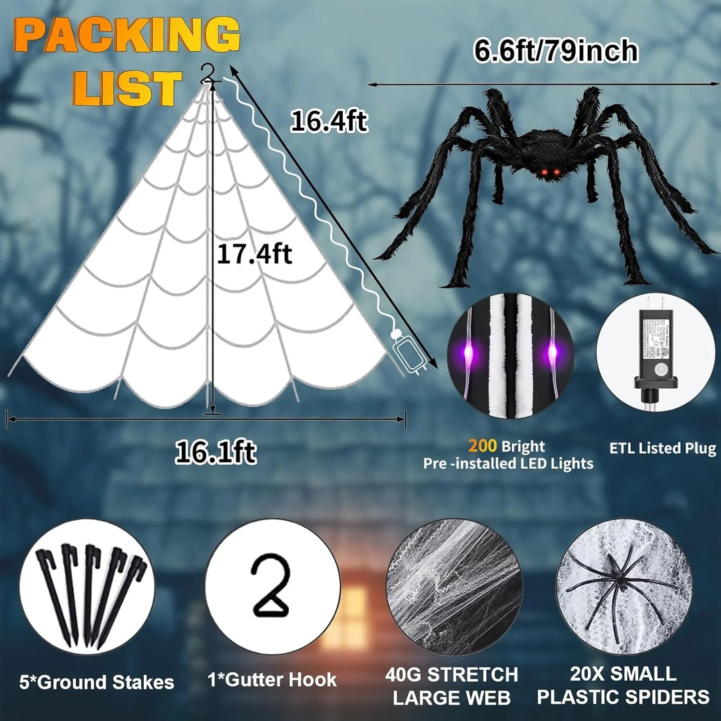 Halloween Decorations Outdoor, 200 LED Halloween Spider Web with 79" Giant Plastics Spider for Halloween Yard Decorations