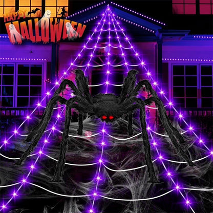 Halloween Decorations Outdoor, 200 LED Halloween Spider Web with 79" Giant Plastics Spider for Halloween Yard Decorations