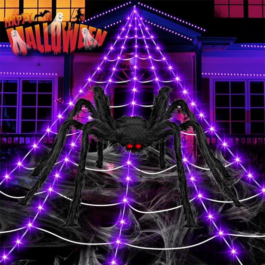 Halloween Decorations Outdoor, 200 LED Halloween Spider Web with 79" Giant Plastics Spider for Halloween Yard Decorations